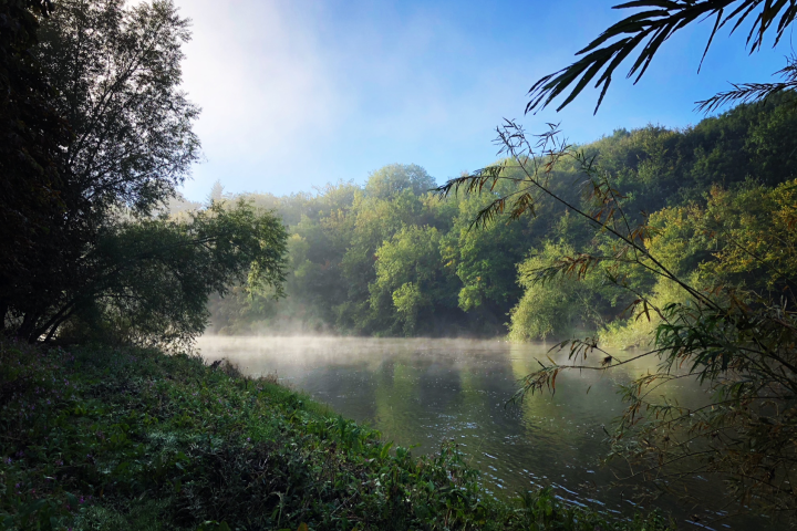 Misty river in forested area with green trees and a clear blue sky.