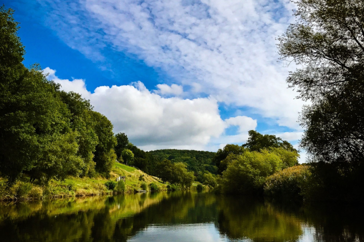 Scenic river view with lush green trees and blue sky with clouds reflected on water.