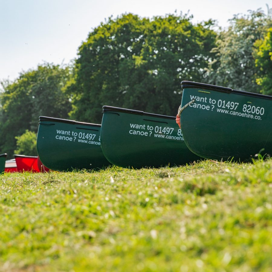 Green canoes with hire details on grassy field, trees in background.