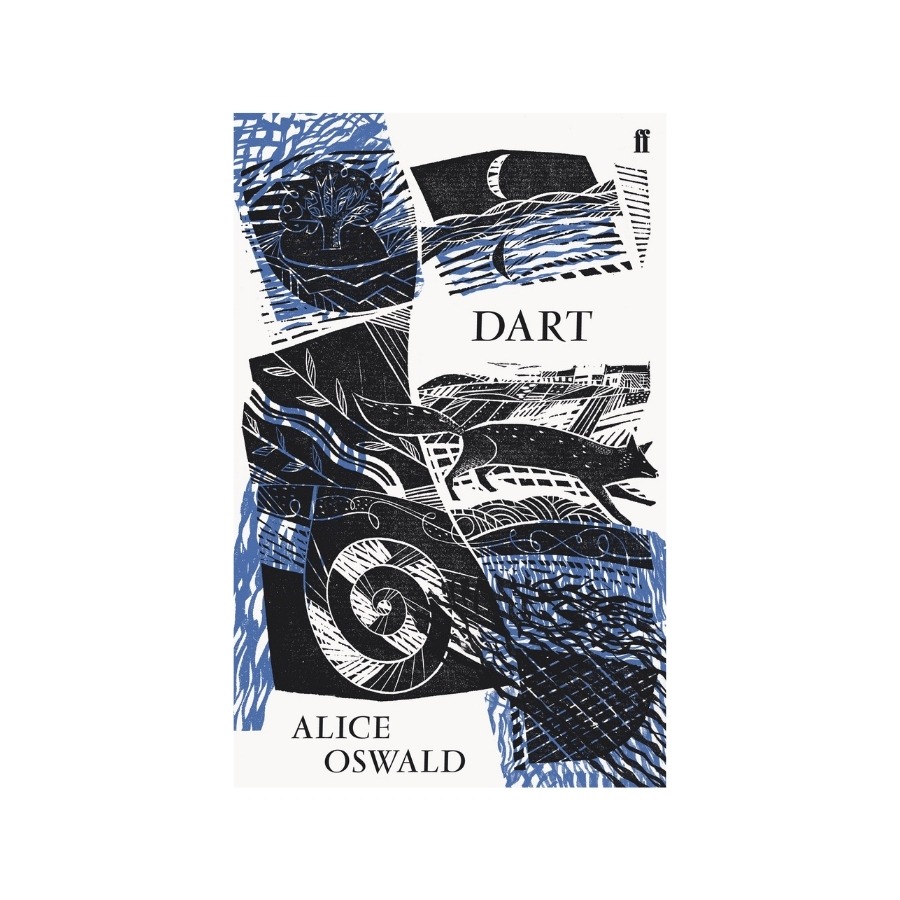 Abstract book cover of 'Dart' by Alice Oswald in blue and black with natural elements.
