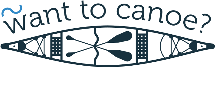 Illustration of a canoe with crossed paddles and text: 'want to canoe?' above it.